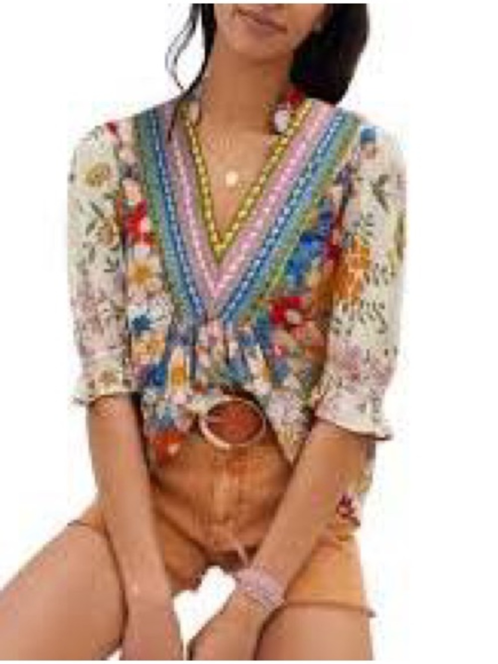 Bl^nk London x Anthropologie STEPHANIE Yellow Blue Floral V-Neck Top size M - Picture 3 of 8